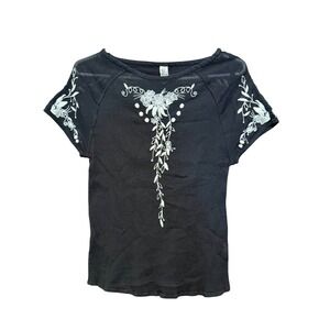 Floreat Anthropologie Black Cotton Embroidered Boho Gauze Blouse Top Size 4